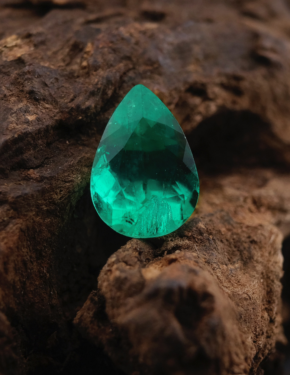 Pear-cut Colombian emerald on driftwood
