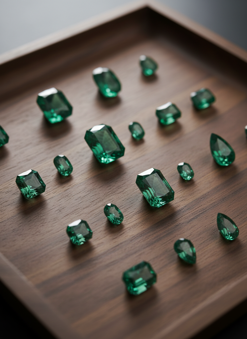 A curated selection of loose Muzo emeralds arranged on a polished dark walnut jeweler’s tray, each stone carefully spaced to show a range of sizes and cuts: cushion, emerald cut, and pear-shaped. Their intense Colombian green hue contrasts against the warm brown grain of the wood, which has a subtle satin sheen. Soft overhead studio lighting combined with a gentle side fill creates shimmering reflections across the facets while keeping shadows delicate and controlled. The scene is photographed from a three-quarter overhead angle with a moderate depth of field, revealing the texture of the tray and the intricate inclusions within the stones. The mood is that of a private viewing in an elite atelier, designed to communicate selection, expertise, and authenticity.