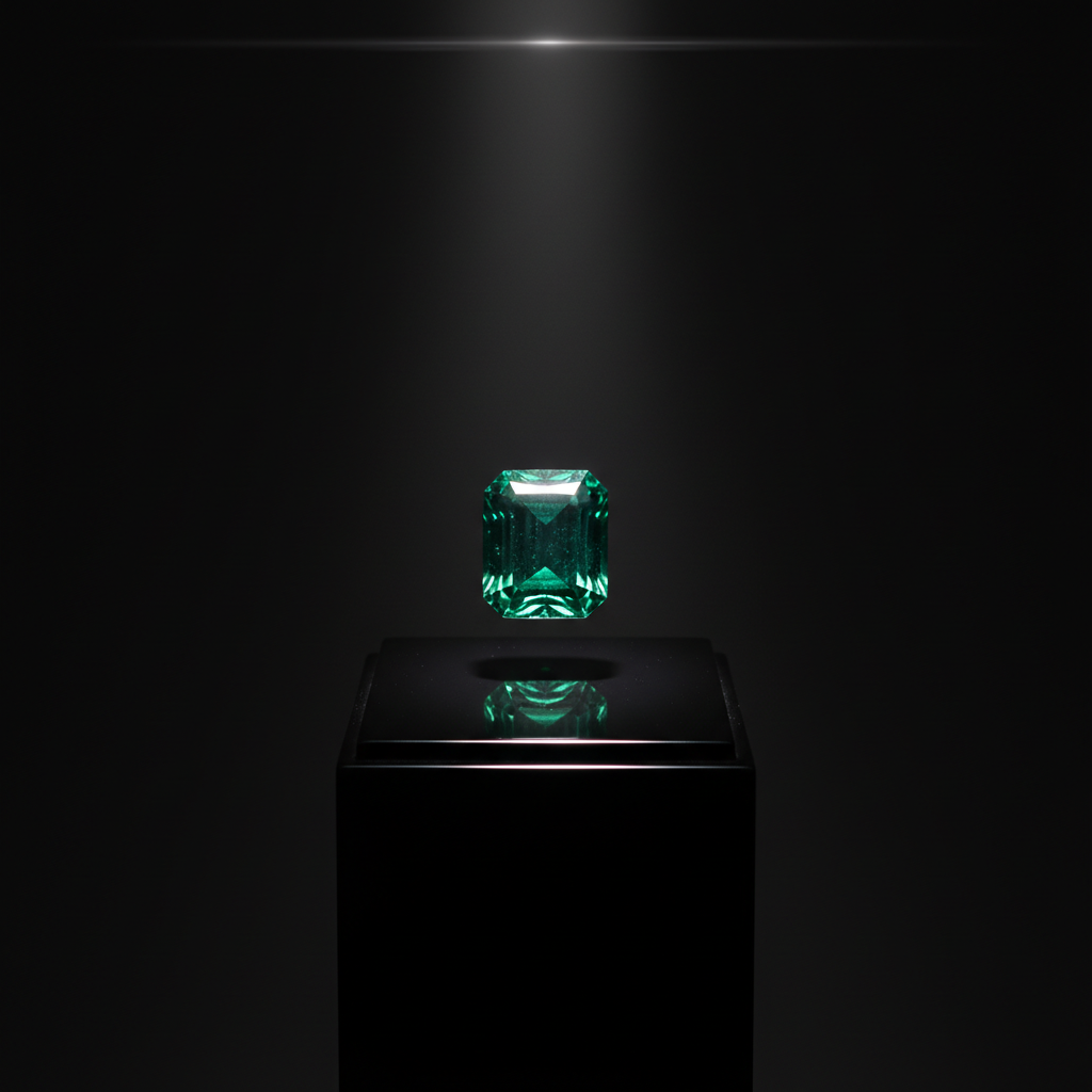 A dramatic photographic scene of a single Muzo emerald presented on a reflective black lacquer pedestal within a dark, gallery-like space. The emerald, cut in a large, flawless-looking step cut, appears to float as a narrow beam of spotlight from above isolates it against the near-black background. The intense green color reflects subtly in the lacquer surface, forming a delicate mirrored double. Thin wisps of controlled lens flare along the top edge add cinematic elegance. Shot at eye level with a long focal length, the composition is centered and symmetrical, evoking the feeling of a museum masterpiece or high-end auction preview. The mood is powerful, exclusive, and highly curated, ideal for conveying the brand’s elite positioning.