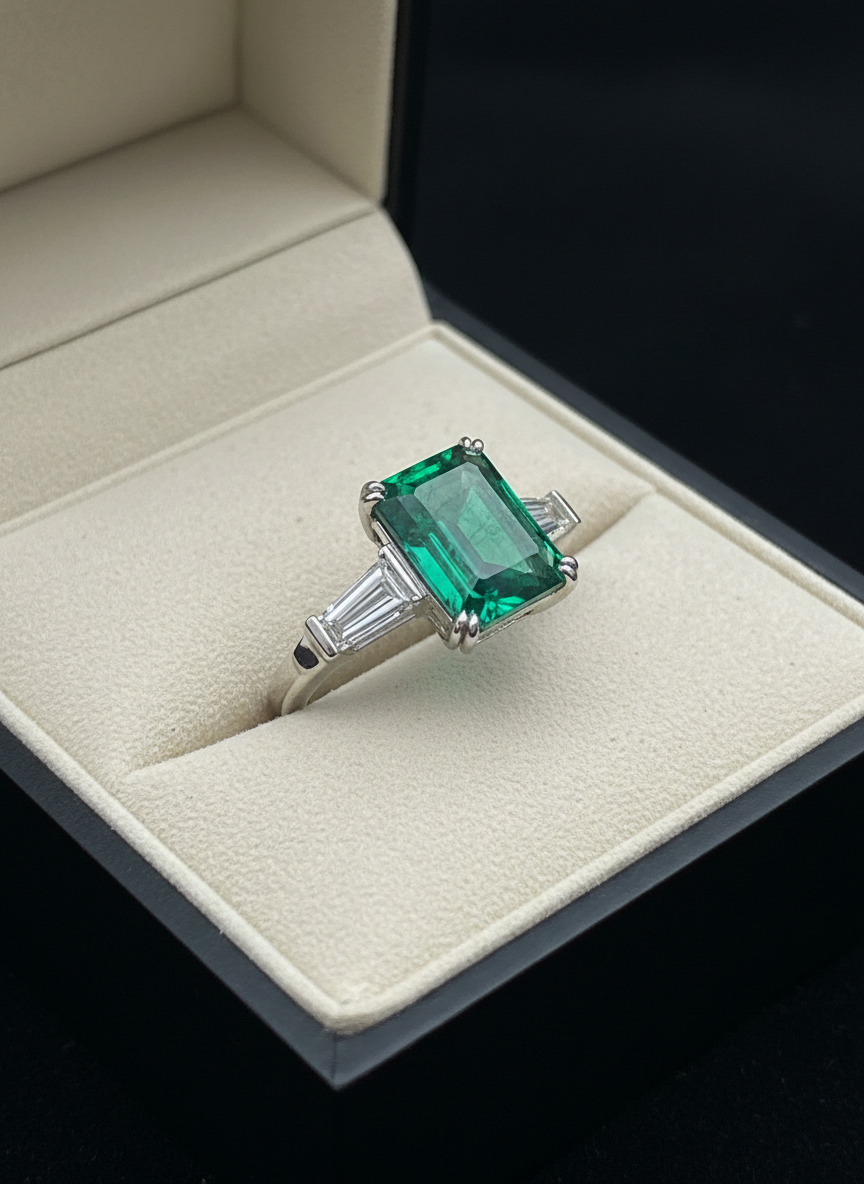 A meticulously crafted Muzo emerald and diamond ring in photographic realism, positioned in the center of a matte black presentation box lined with rich cream suede. The vibrant green emerald, cut in a classic rectangular step cut, sparkles with internal life, flanked by tapered baguette diamonds that suggest precision craftsmanship. Subtle, directional studio lighting glances off the metal prongs and diamond facets, while a soft reflection appears on the box’s satin edge. The atmosphere is refined and exclusive, with a calm, controlled palette of black, cream, and emerald green. Captured from a slightly elevated angle with shallow depth of field, the background fades into velvety darkness, enhancing the sense of rarity and prestige.