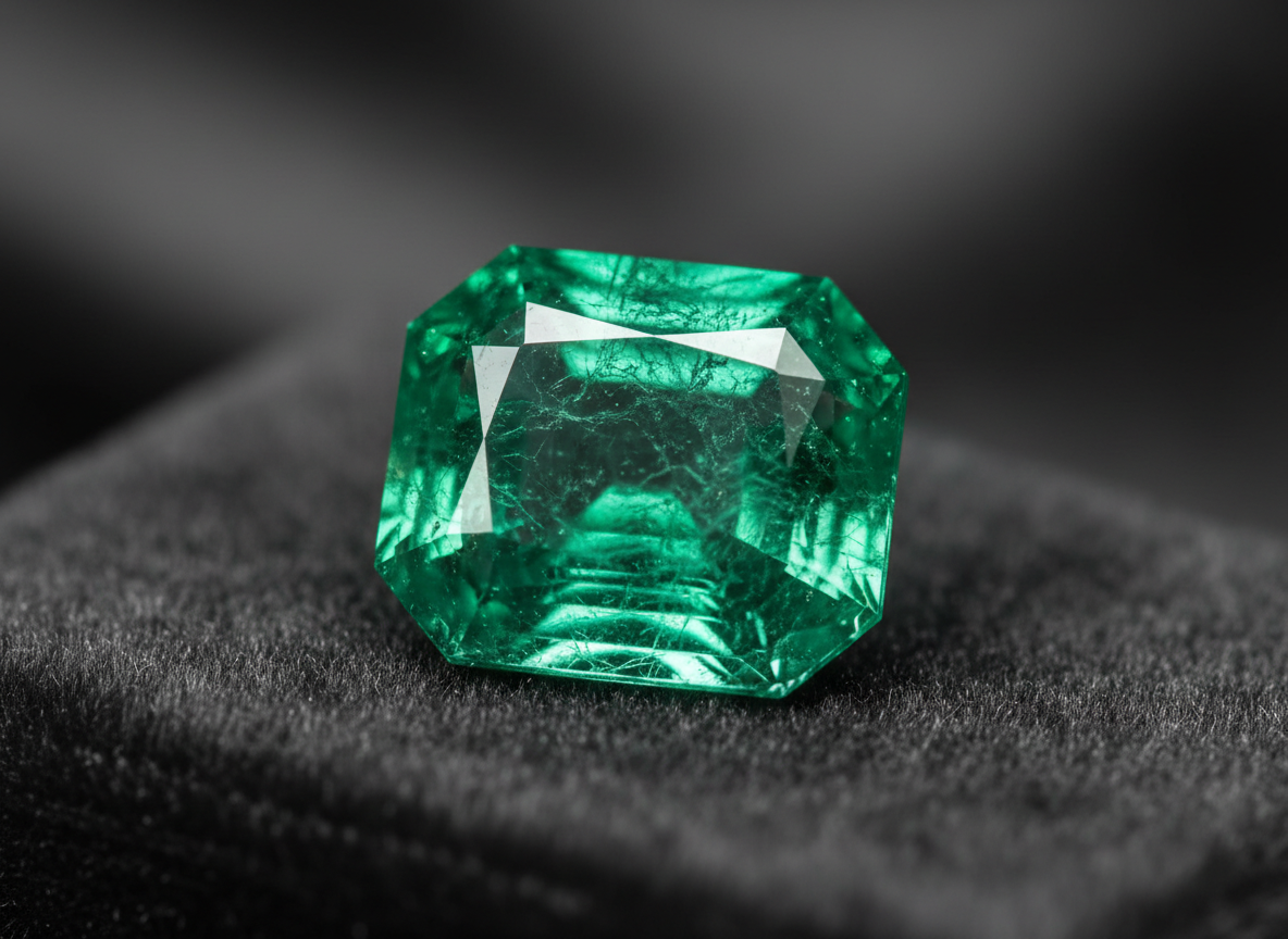 An ultra-high-resolution close-up photograph of a single exceptional Muzo emerald crystal resting on a deep charcoal velvet surface. The stone displays vivid, saturated Colombian green with natural jardin inclusions visible through its polished facets, emphasizing authenticity rather than perfection. Soft, diffused studio lighting from the upper left creates crisp highlights along the step cuts and a gentle gradient of shadow across the velvet. The background falls into a smooth, dark bokeh, keeping all attention on the stone. Shot at eye level with a very shallow depth of field, the composition feels luxurious and museum-like, reflecting a sophisticated, collector-grade aesthetic suitable for a world-class emerald sourcing company.