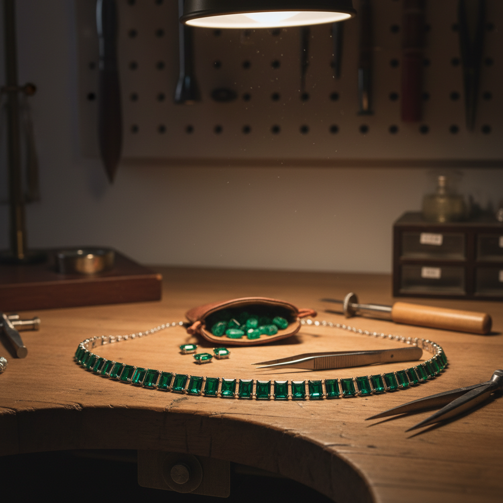 A refined still-life photograph of a high-end jeweler’s workbench dedicated to Muzo emerald setting. In the foreground, a partially assembled platinum necklace with matched emerald-cut Muzo stones lies across a well-worn, honey-toned wooden surface. Nearby, precision tools—tweezers, a loupe, and a metal caliper—rest in an orderly arrangement, their metallic finishes catching subtle highlights. Gentle, warm studio lighting from above and slightly behind creates a halo of light on the emeralds, making their green hues glow against the neutral surroundings. Shot at a low, three-quarter angle with moderate depth of field, the background tools and storage drawers blur softly. The mood is one of meticulous craftsmanship and quiet concentration, communicating luxury through process rather than spectacle.