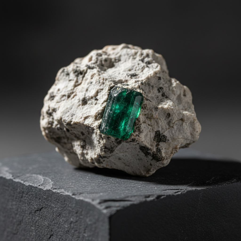 An intimate, macro photograph of a Muzo emerald embedded in its natural host rock, displayed on a minimalist slate pedestal to emphasize origin and authenticity. The emerald crystal glows with deep, saturated green against the rough, pale matrix, showing veins and textures of the mine. Directional side lighting simulates soft daylight filtering into a mine, casting gentle shadows that highlight the rugged surface while making the crystal appear luminous from within. Captured from a low, close angle with a shallow depth of field, the background dissolves into a dark, neutral blur. The overall mood is quiet, geological, and reverent, linking luxury with the raw Colombian landscape and the rarity of true Muzo material.