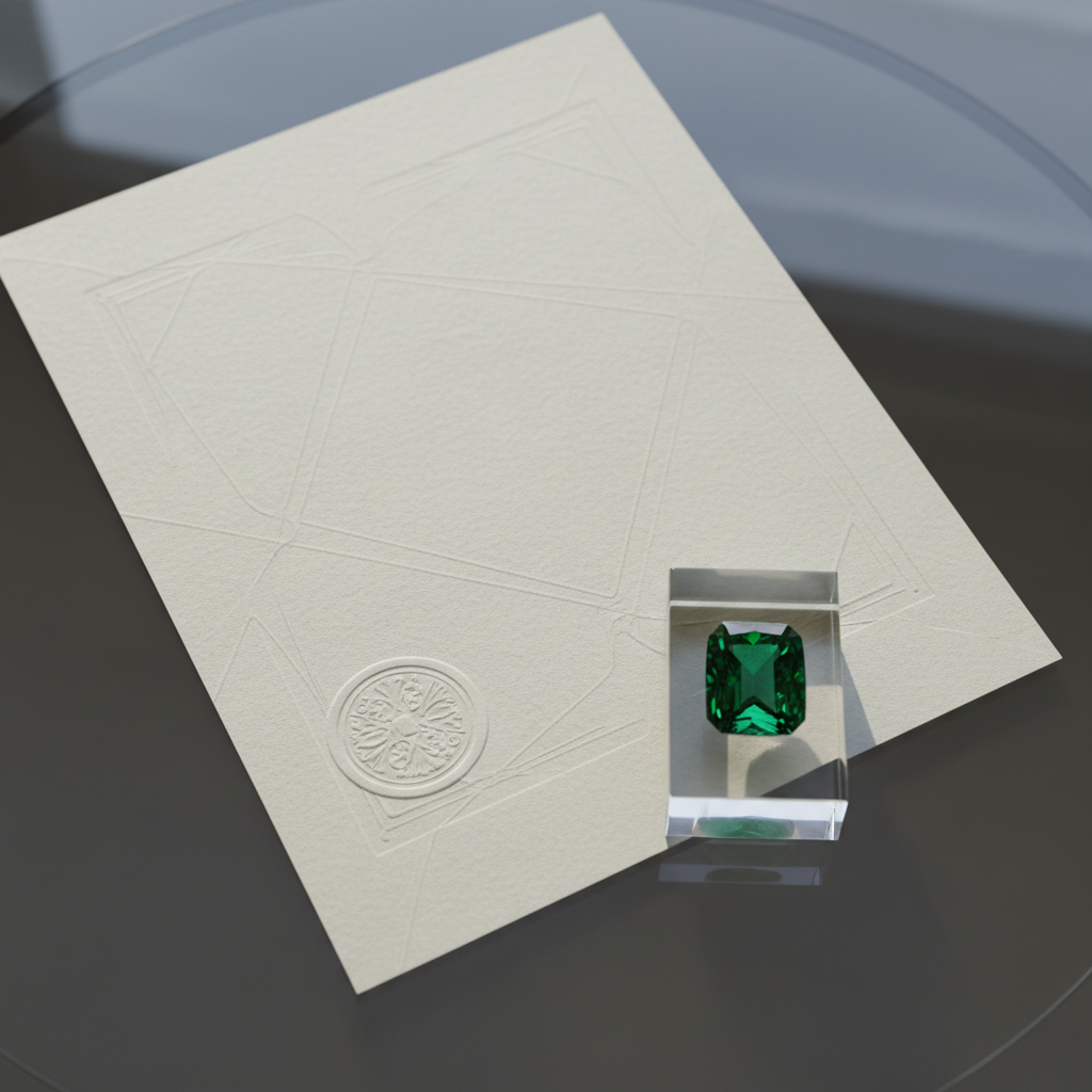 A detailed, photographic overhead shot of a formal emerald certification and origin report arranged beside a single exquisite Muzo emerald secured in a transparent gem case. The report is partially visible, with crisp, high-quality paper texture, embossed seal implied through light and shadow, and fine printed lines suggested without legible text. The emerald case rests slightly overlapping the document on a smoked glass tabletop, creating subtle reflections. Cool, diffused daylight from a nearby window washes across the scene, emphasizing professionalism and trust. The composition follows the rule of thirds, with the emerald as the visual anchor. The atmosphere is precise, documentary, and sophisticated, supporting a narrative of verified origin and ethical sourcing without relying on recognizable logos or readable wording.